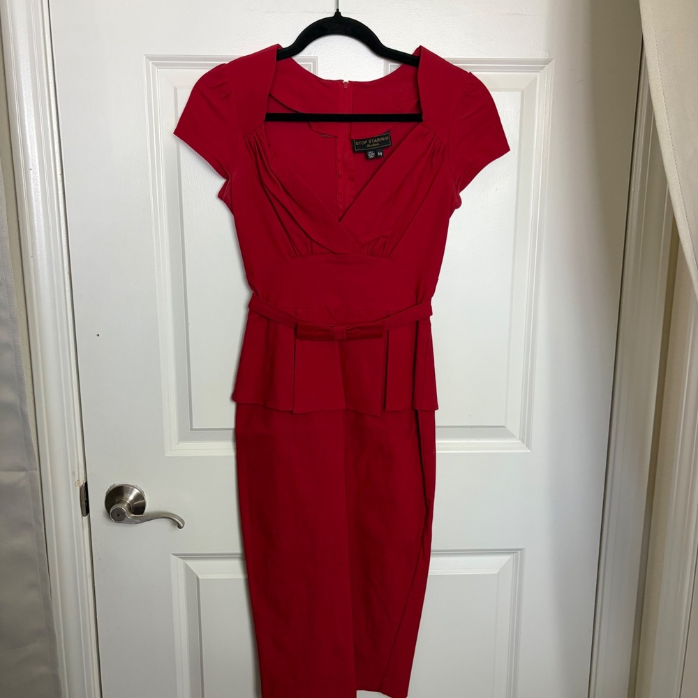 Stop Staring Alicia Estrada Red Peplum Wiggle Sheath Dress Cap Sleeve Medium